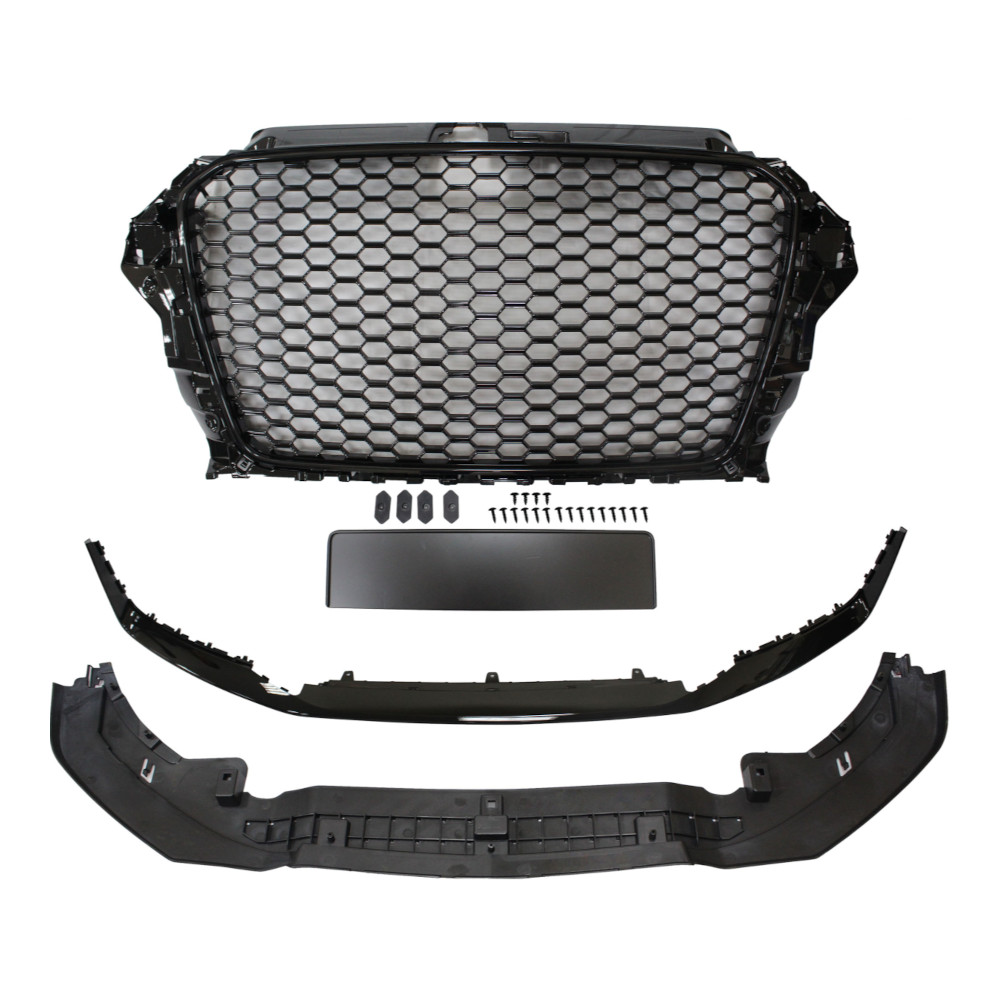 Set bara fata AUDI A3 (8V), 06.2012-07.2016, cu lampi ceata, cu gauri spalator; grunduit, de vopsit; type RS3; cu grile, cu spoiler; cu suport numar inmatriculare, cu baza logo; cu gauri lampa ceata; TUNING, model Hatchback,