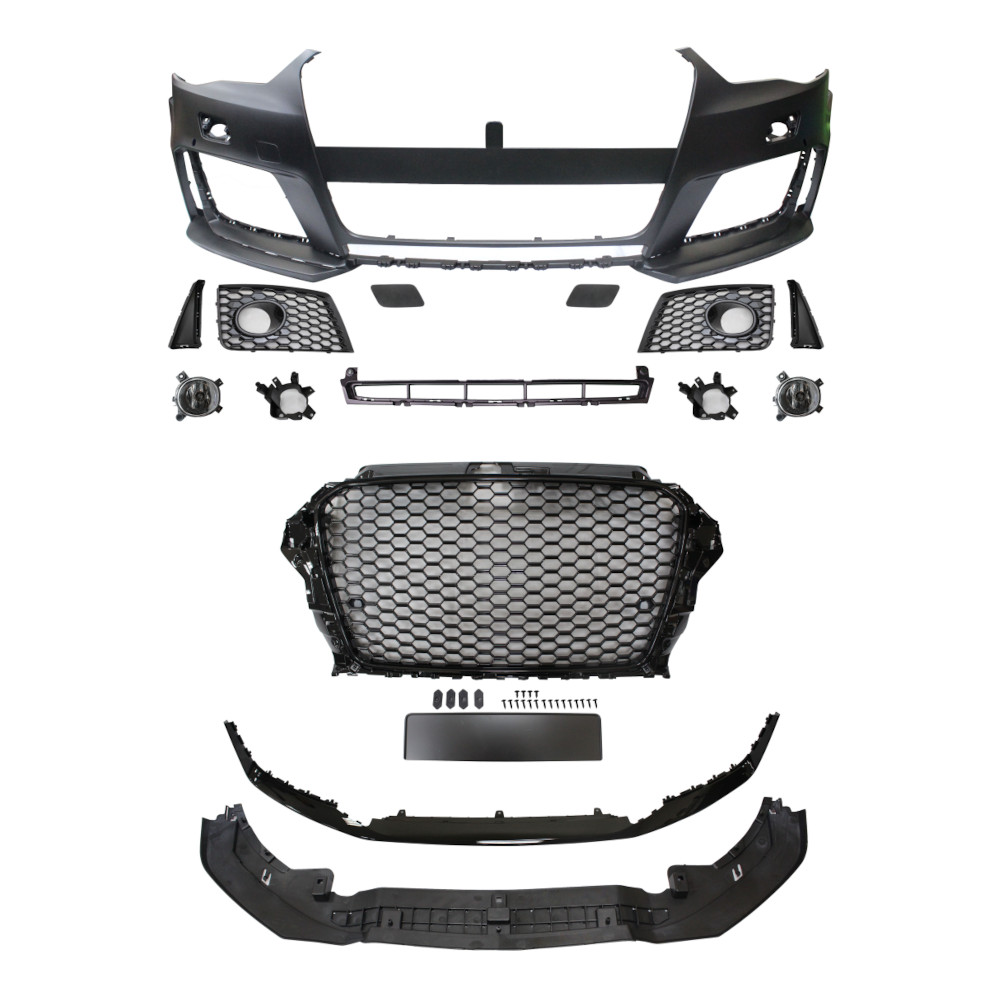 Set bara fata AUDI A3 (8V), 06.2012-07.2016, cu lampi ceata, cu gauri spalator si 4 senzori parcare; grunduit, de vopsit; type RS3; cu grile, cu spoiler; cu suport numar inmatriculare, cu baza logo; cu gauri lampa ceata; TUNING, model Hatchback,