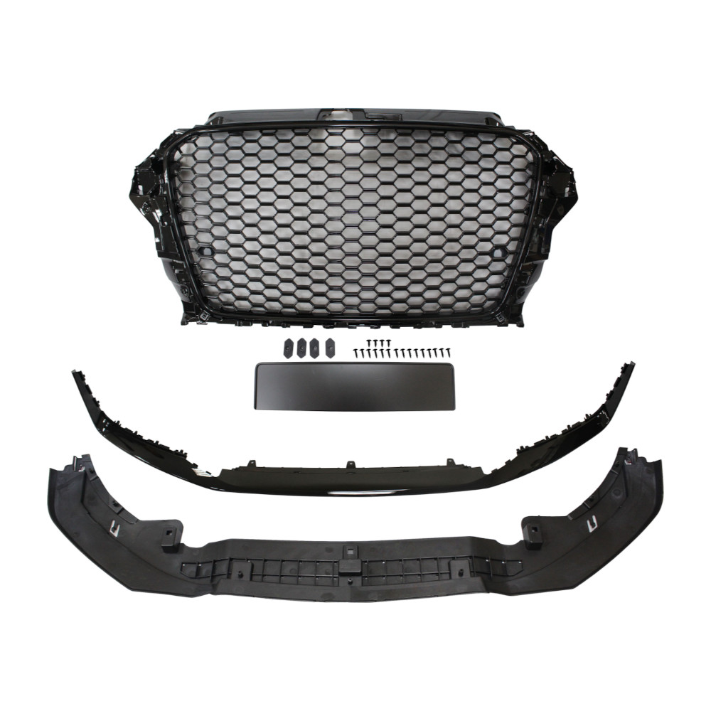 Set bara fata AUDI A3 (8V), 06.2012-07.2016, cu lampi ceata, cu gauri spalator si 4 senzori parcare; grunduit, de vopsit; type RS3; cu grile, cu spoiler; cu suport numar inmatriculare, cu baza logo; cu gauri lampa ceata; TUNING, model Hatchback,