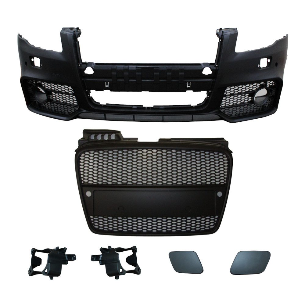 Set bara fata AUDI A4 (B7), 11.2004-03.2008, cu gauri spalator si 4 senzori parcare; grunduit, de vopsit; type RS4; cu grile; cu gauri lampa ceata; TUNING,