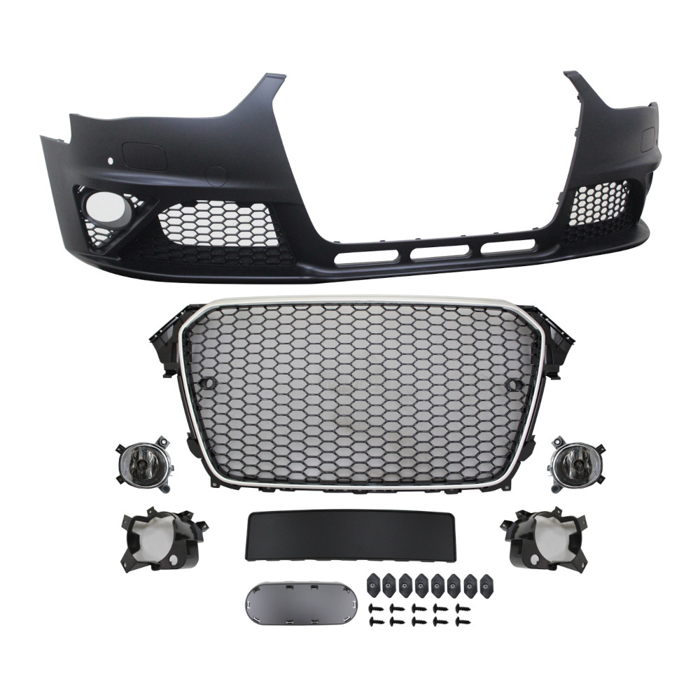Set bara fata AUDI A4/S4 (B8), 11.2011-12.2015, cu rame cromate, cu lampi ceata, cu gauri spalator si 4 senzori parcare; grunduit, de vopsit; type RS4; cu grile; cu suport numar inmatriculare, cu baza logo; cu gauri lampa ceata; TUNING,