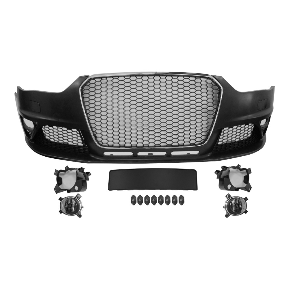 Set bara fata AUDI A4/S4 (B8), 11.2011-12.2015, cu rame cromate, cu lampi ceata, cu gauri spalator; grunduit, de vopsit; type RS4; cu grile; cu suport numar inmatriculare, cu baza logo; cu gauri lampa ceata; TUNING,