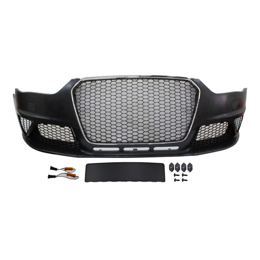 Set bara fata AUDI A4/S4 (B8), 11.2011-12.2015, cu rame cromate, cu gauri spalator; grunduit, de vopsit; type RS4; cu grile; cu suport numar inmatriculare, cu baza logo; fara gauri lampa ceata; TUNING,