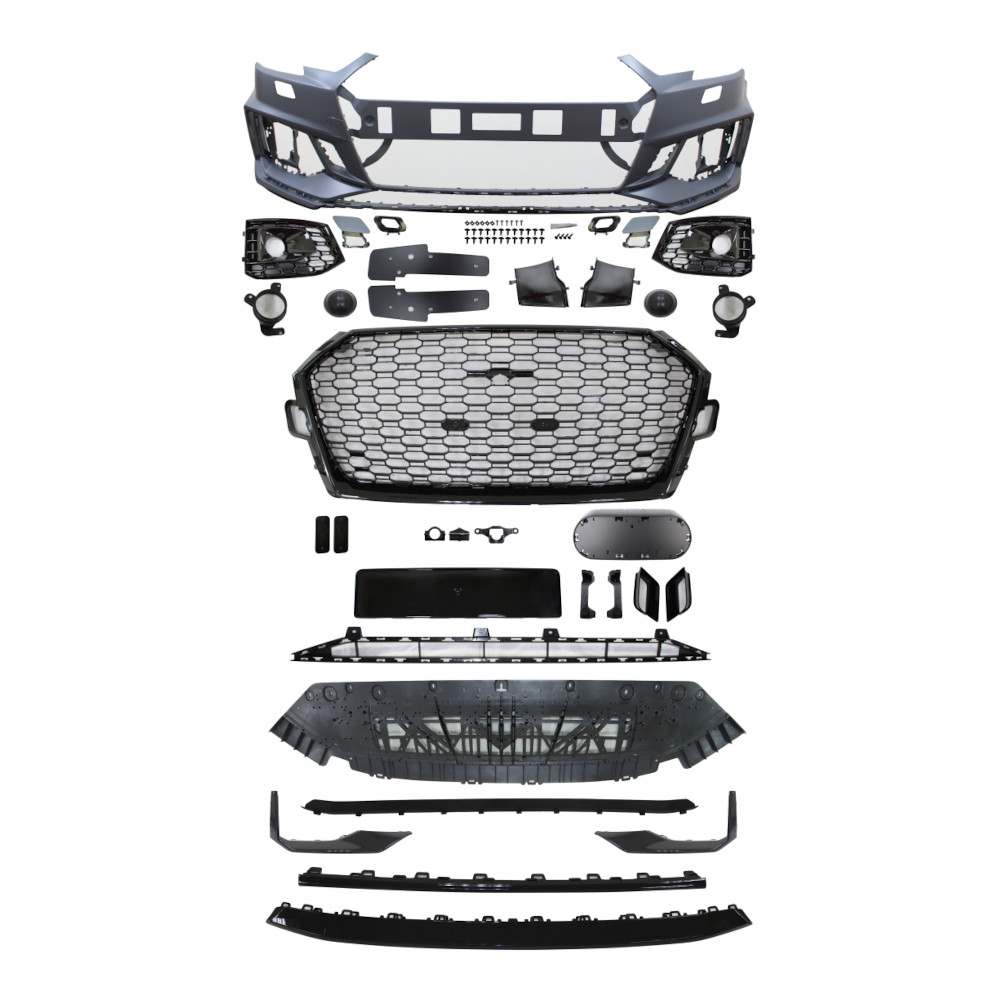Set bara fata AUDI A4/S4 (B9), 11.2015-07.19, cu / fara ACC gauri; rame negru lucios, suport radar, cu gauri spalator; grunduit, de vopsit; type RS4, gaura camera; cu grile, cu bandouri, cu spoiler; fixare camera, conducte aer frana, suport numar