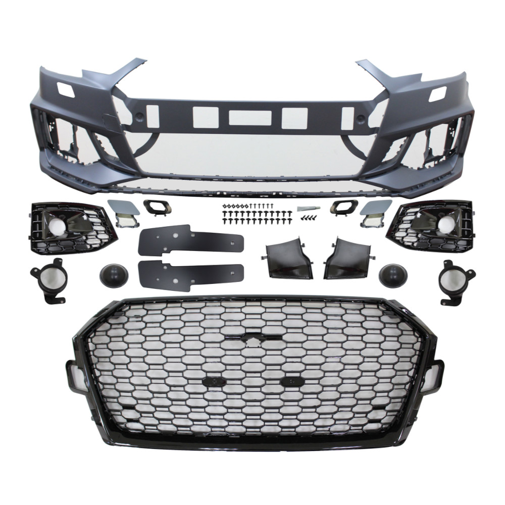 Set bara fata AUDI A4/S4 (B9), 11.2015-07.19, cu / fara ACC gauri; rame negru lucios, suport radar, cu gauri spalator; grunduit, de vopsit; type RS4, gaura camera; cu grile, cu bandouri, cu spoiler; fixare camera, conducte aer frana, suport numar