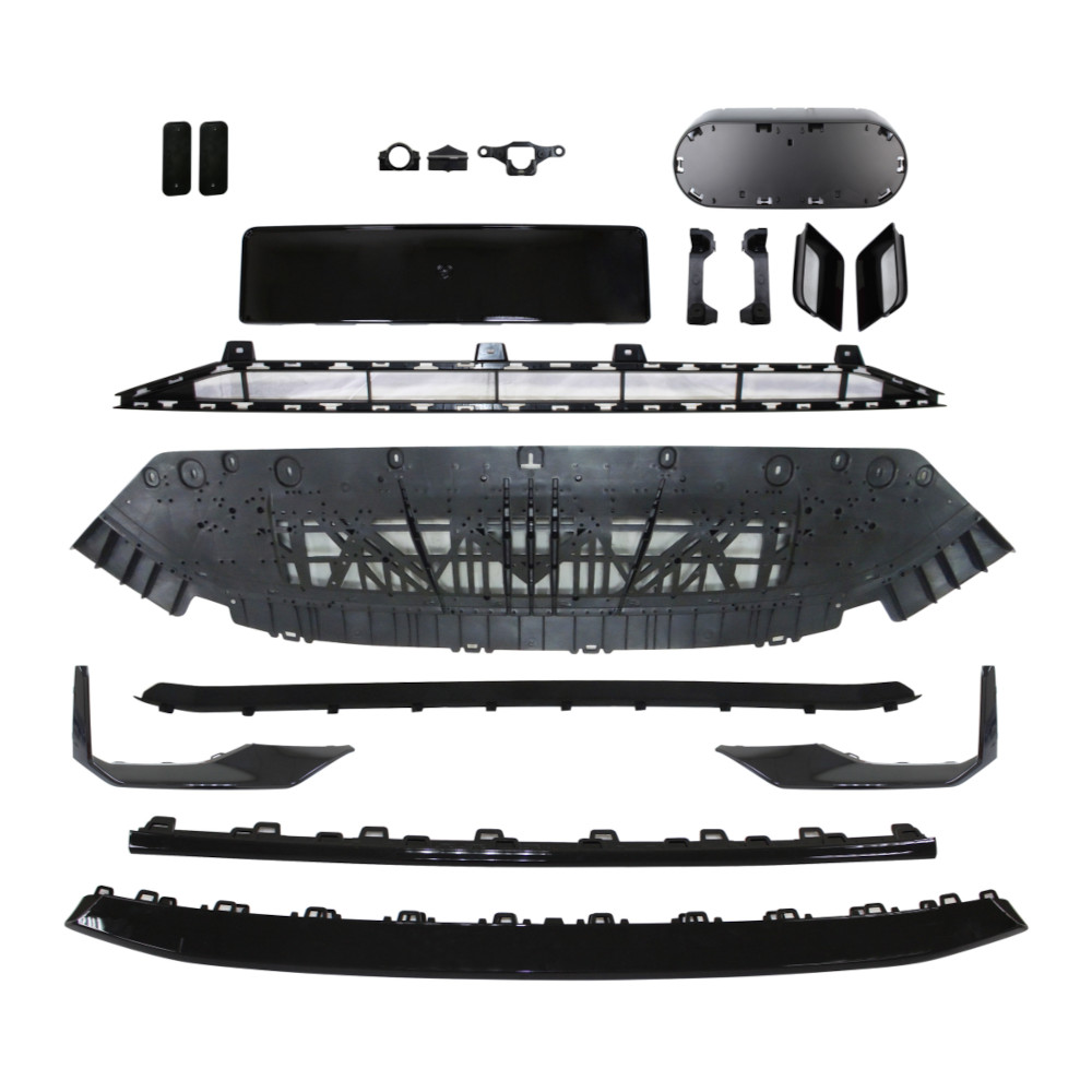 Set bara fata AUDI A4/S4 (B9), 11.2015-07.19, cu / fara ACC gauri; rame negru lucios, suport radar, cu gauri spalator; grunduit, de vopsit; type RS4, gaura camera; cu grile, cu bandouri, cu spoiler; fixare camera, conducte aer frana, suport numar