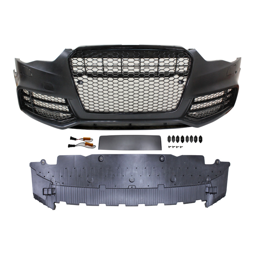 Set bara fata AUDI A5/S5 (B8), 10.2011-08.2016, cu rame negru lucios, cu gauri spalator si 4 senzori parcare; grunduit, de vopsit; type RS5; cu grile; cu suport numar inmatriculare, cu baza logo; fara gauri lampa ceata; TUNING,