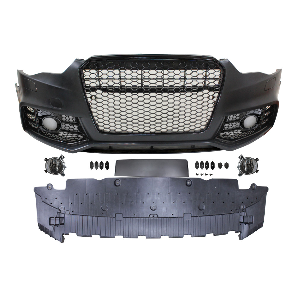 Set bara fata AUDI A5/S5 (B8), 10.2011-08.2016, cu rame negru lucios, cu lampi ceata, cu gauri spalator; grunduit, de vopsit; type RS5; cu grile; cu suport numar inmatriculare, cu baza logo; cu gauri lampa ceata; TUNING,