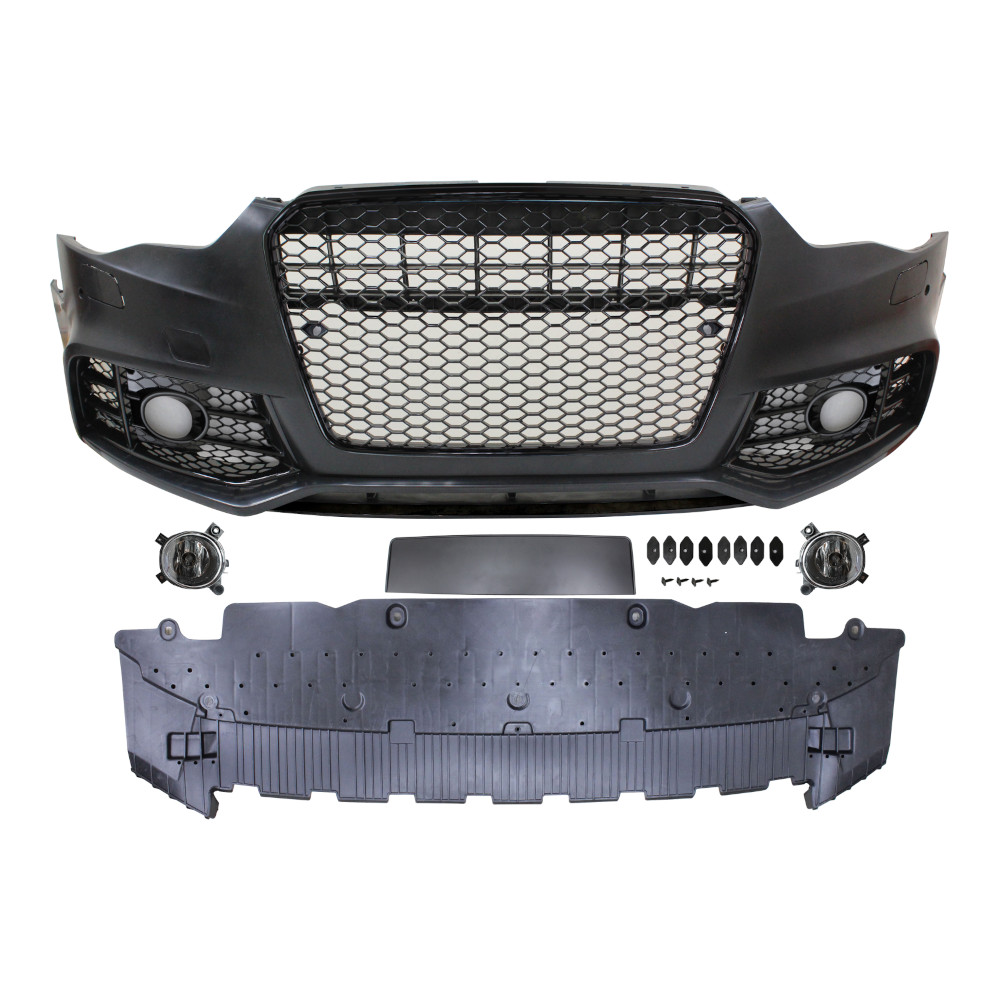 Set bara fata AUDI A5/S5 (B8), 10.2011-08.2016, cu rame negru lucios, cu lampi ceata, cu gauri spalator si 4 senzori parcare; grunduit, de vopsit; type RS5; cu grile; cu suport numar inmatriculare, cu baza logo; cu gauri lampa ceata; TUNING,