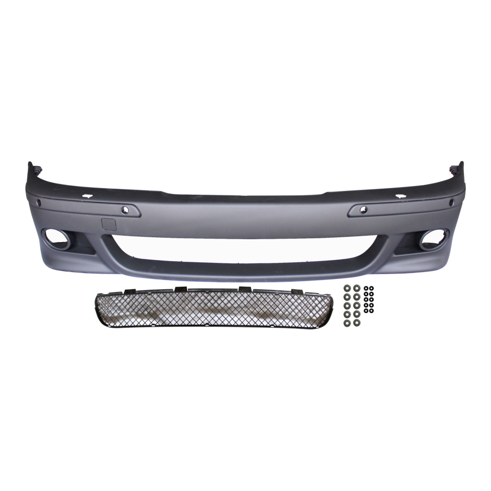 Set bara fata BMW Seria 5 (E39), 01.1996-06.04, cu gauri spalator si 4 senzori parcare; grunduit, de vopsit; type M-Tech; cu grile inferioare, cu bandouri; cu gauri lampa ceata; TUNING,