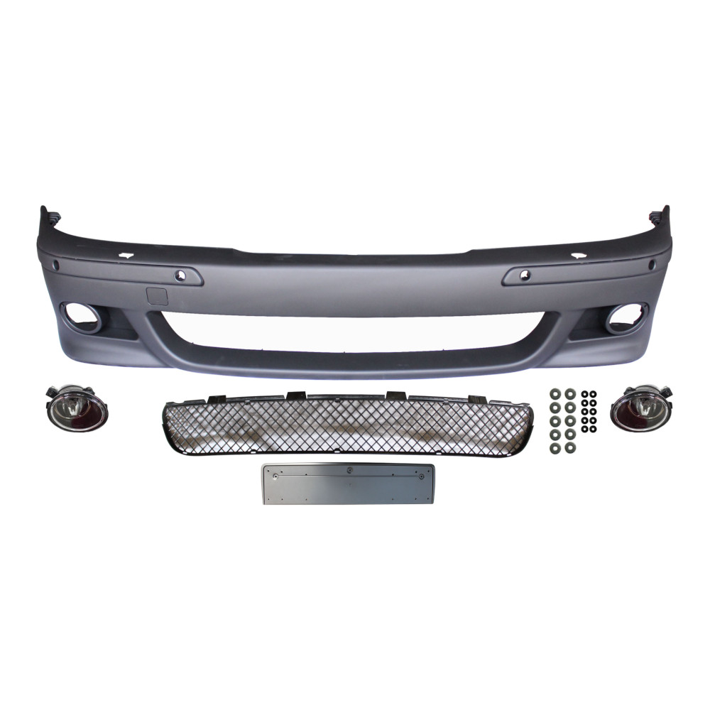 Set bara fata BMW Seria 5 (E39), 01.1996-06.04, cu lampi ceata, cu gauri spalator si 4 senzori parcare; grunduit, de vopsit; type M-Tech; cu grile inferioare, cu bandouri; cu suport numar inmatriculare; cu gauri lampa ceata; TUNING,