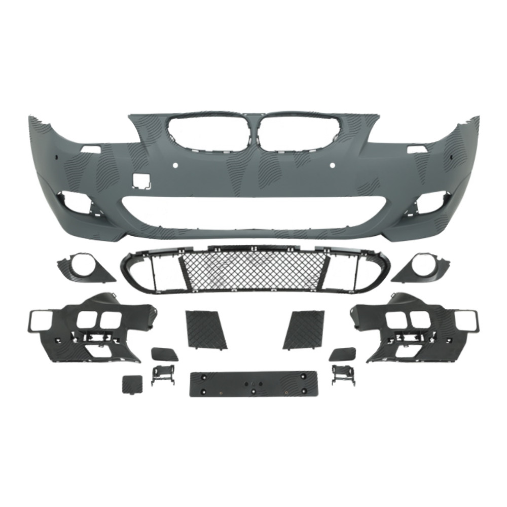 Set bara fata BMW Seria 5 (E60/E61), 2007-06.2010, cu gauri spalator si senzori parcare; grunduit, de vopsit; type M-Tech; cu grile inferioare; cu gauri senzori diametru fi= 18mm, cu suport numar inmatriculare; cu gauri lampa ceata; TUNING,
