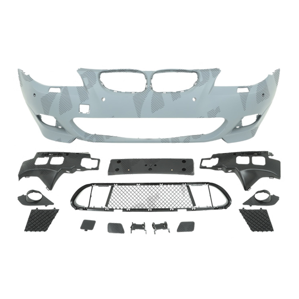 Set bara fata BMW Seria 5 (E60/E61), 06.2003-2007, cu gauri spalator si senzori parcare; grunduit, de vopsit; type M-Tech; cu grile inferioare; cu gauri senzori diametru fi= 24mm, cu suport numar inmatriculare; cu gauri lampa ceata; TUNING,