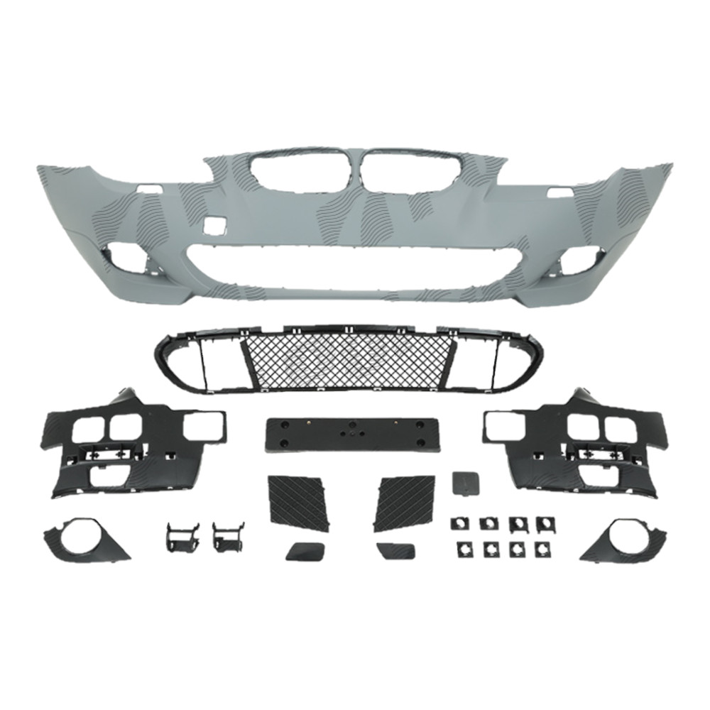 Set bara fata BMW Seria 5 (E60/E61), 06.2003-06.2010, cu gauri spalator; grunduit, de vopsit; type M-Tech; cu grile inferioare; cu suport numar inmatriculare; cu gauri lampa ceata; TUNING,
