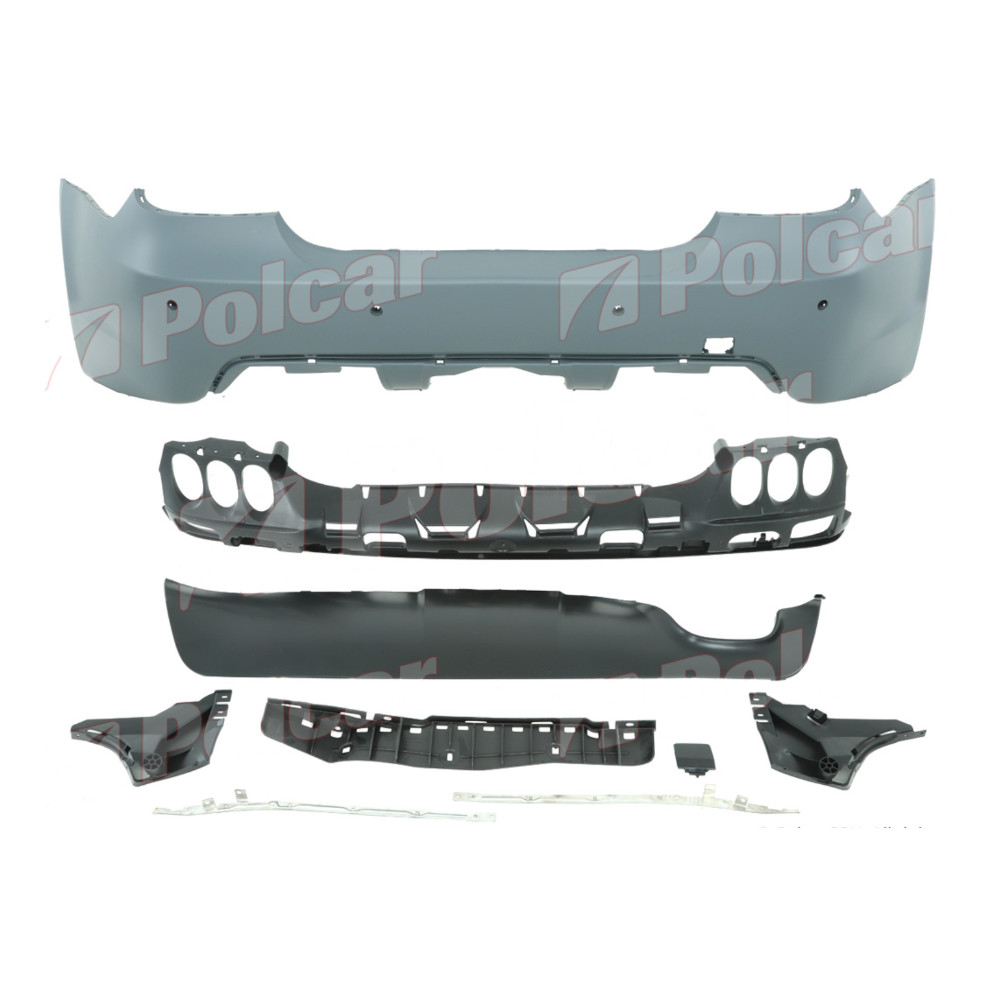 Set bara spate BMW Seria 5 (E60), 06.2003-2007 Sedan, cu gauri senzori parcare; grunduit, de vopsit; type M-Tech; cu absorber, cu elemente de fixare, cu spoiler; cu gauri senzori diametru fi= 24mm; TUNING,
