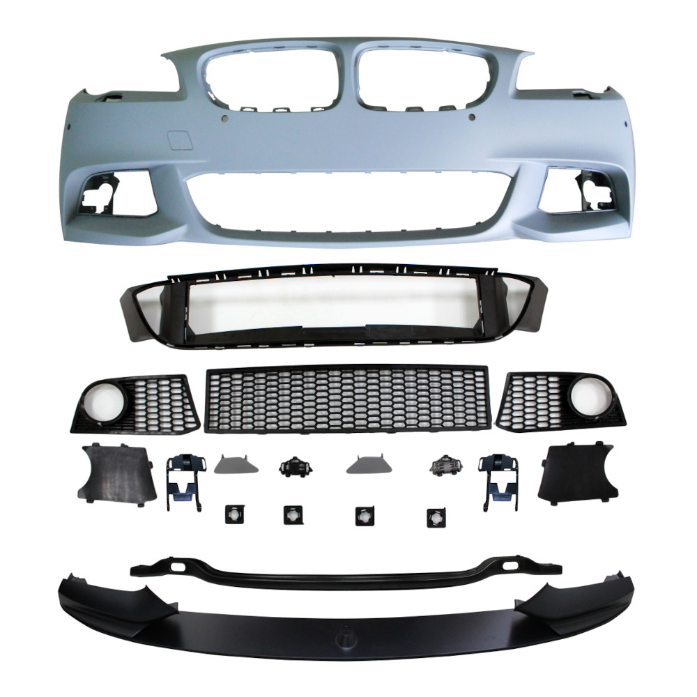 Set bara fata BMW Seria 5 (F10/F11), 12.2009-2013, cu gauri spalator si 4 senzori parcare; grunduit, de vopsit; type M-Performance; cu grile inferioare, cu spoiler; cu gauri lampa ceata; TUNING,