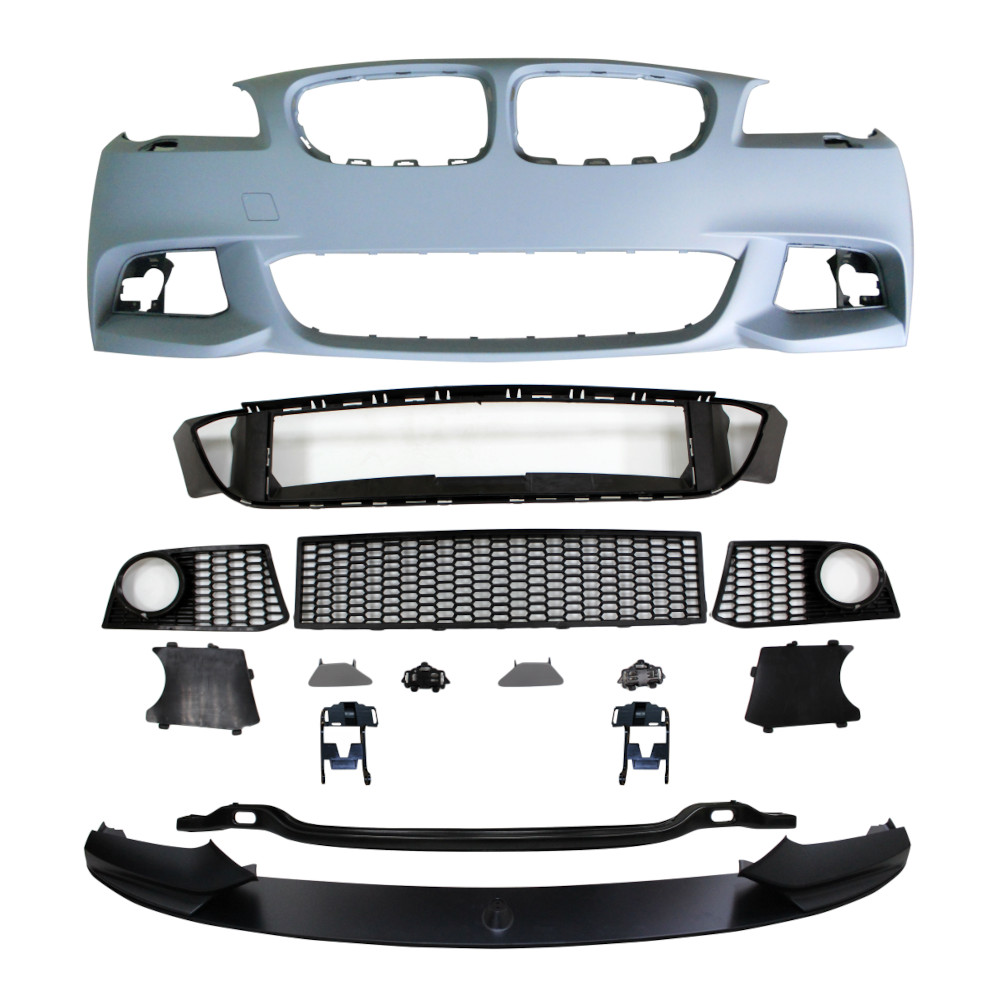 Set bara fata BMW Seria 5 (F10/F11), 12.2009-2013, cu gauri spalator; grunduit, de vopsit; type M-Performance; cu grile inferioare, cu spoiler; cu gauri lampa ceata; TUNING,