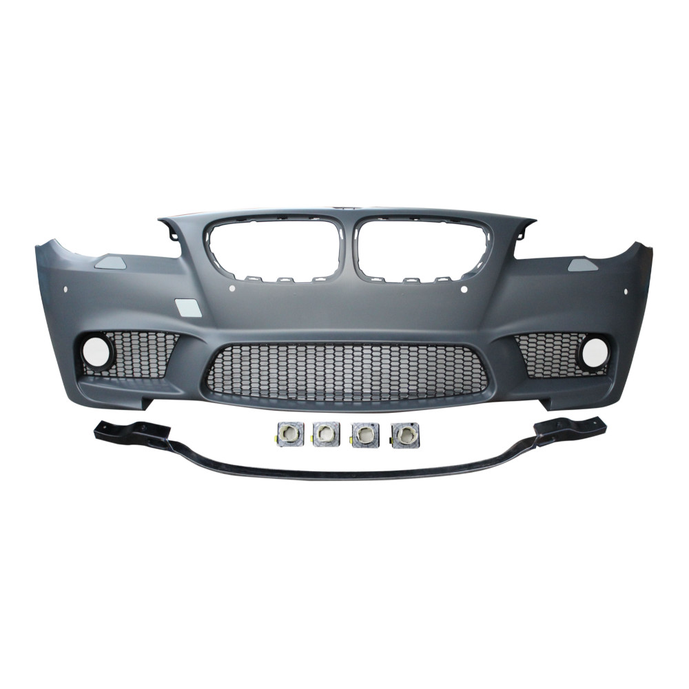 Set bara fata BMW Seria 5 (F10/F11), 12.2009-08.2017, cu 4 gauri spalator si 4 senzori parcare; grunduit, de vopsit; type M5; cu grile inferioare; cu gauri lampa ceata; TUNING,
