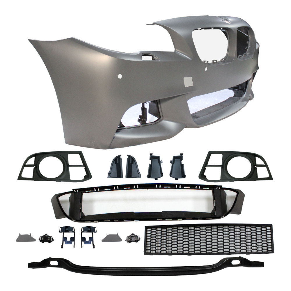 Set bara fata BMW Seria 5 (F10/F11), 2013-08.2017, cu gauri spalator si 4 senzori parcare; grunduit, de vopsit; type M-Tech; cu grile inferioare; cu gauri lampa ceata; TUNING,