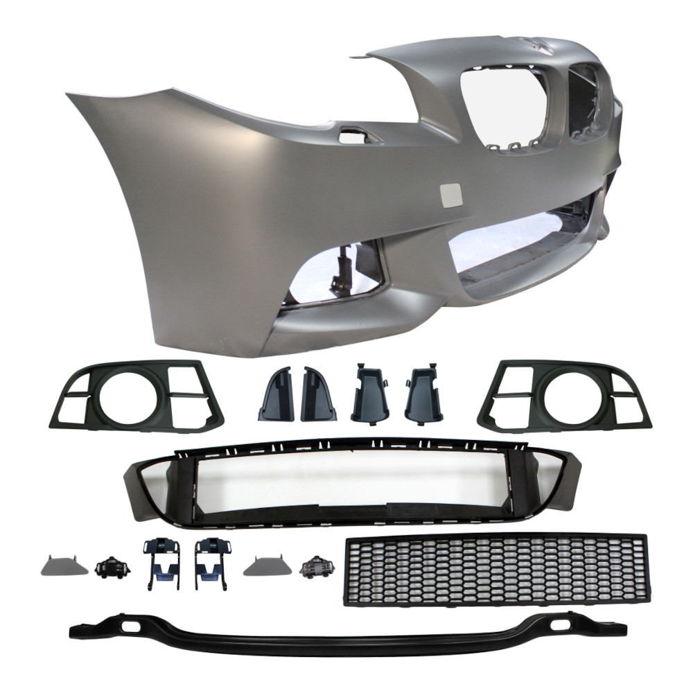 Set bara fata BMW Seria 5 (F10/F11), 2013-08.2017, cu gauri spalator; grunduit, de vopsit; type M-Tech; cu grile inferioare; cu gauri lampa ceata; TUNING,