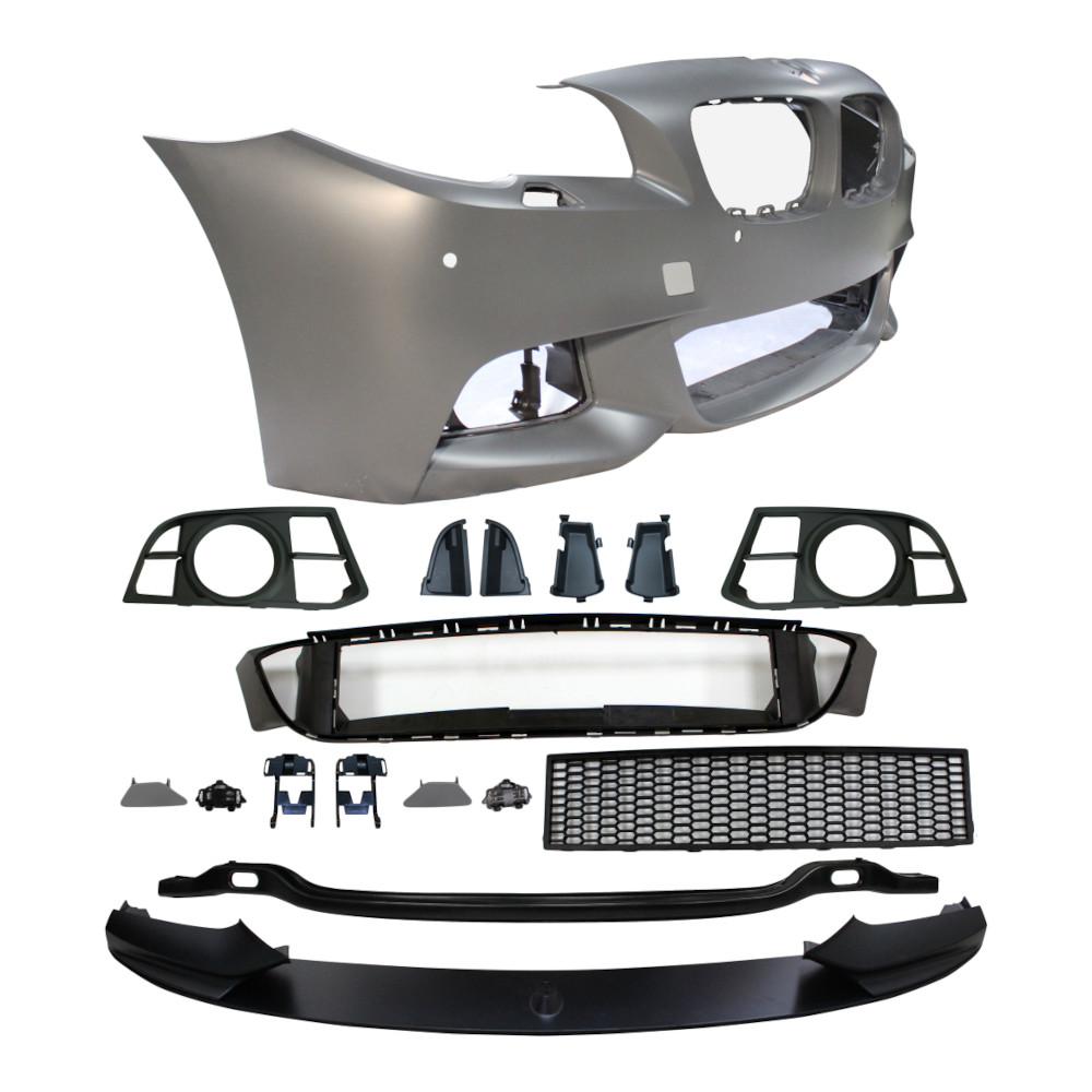 Set bara fata BMW Seria 5 (F10/F11), 2013-08.2017, cu gauri spalator si 4 senzori parcare; grunduit, de vopsit; type M-Performance; cu grile inferioare, cu spoiler; cu gauri lampa ceata; TUNING,