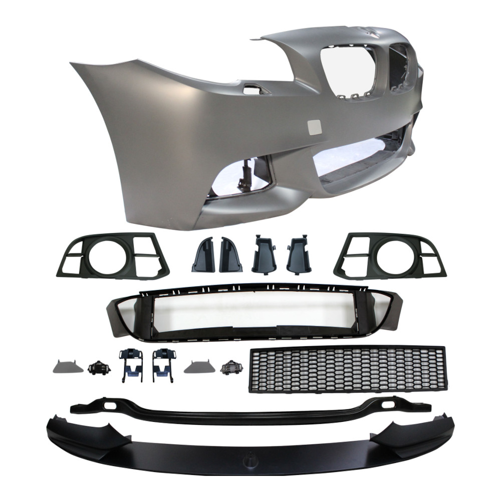 Set bara fata BMW Seria 5 (F10/F11), 2013-08.2017, cu gauri spalator; grunduit, de vopsit; type M-Performance; cu grile inferioare, cu spoiler; cu gauri lampa ceata; TUNING,
