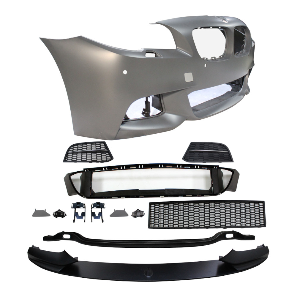 Set bara fata BMW Seria 5 (F10/F11), 2013-08.2017, cu gauri spalator si 4 senzori parcare; grunduit, de vopsit; type M-Performance; cu grile inferioare, cu spoiler; fara gauri lampa ceata; TUNING,