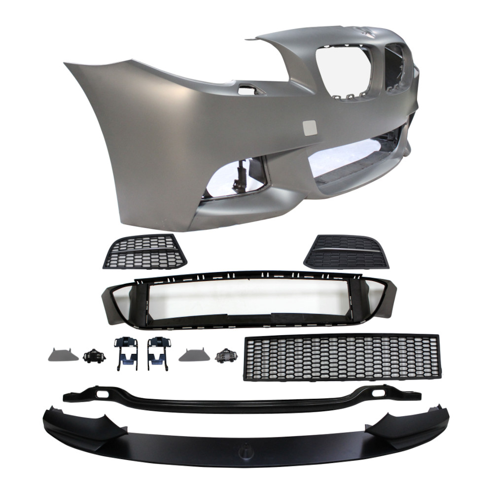 Set bara fata BMW Seria 5 (F10/F11), 2013-08.2017, cu gauri spalator; grunduit, de vopsit; type M-Performance; cu grile inferioare, cu spoiler; fara gauri lampa ceata; TUNING,