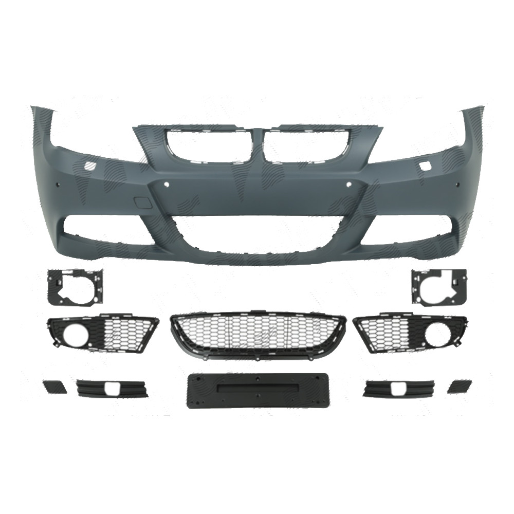 Set bara fata BMW Seria 5 (F10/F11), 2010-2013, cu gauri spalator si senzori parcare, cu metal intaritura; grunduit, de vopsit; type M-Tech; cu grile inferioare, cu bara cover set; cu suport numar inmatriculare; cu gauri lampa ceata; TUNING,