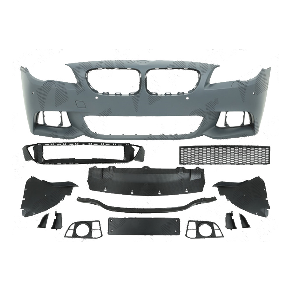 Set bara fata BMW Seria 5 (F10/F11), 2013-2016, cu gauri spalator si senzori parcare, cu metal intaritura; grunduit, de vopsit; type M-Tech; cu grile inferioare, cu bara cover set; cu suport numar inmatriculare; cu gauri lampa ceata; TUNING,