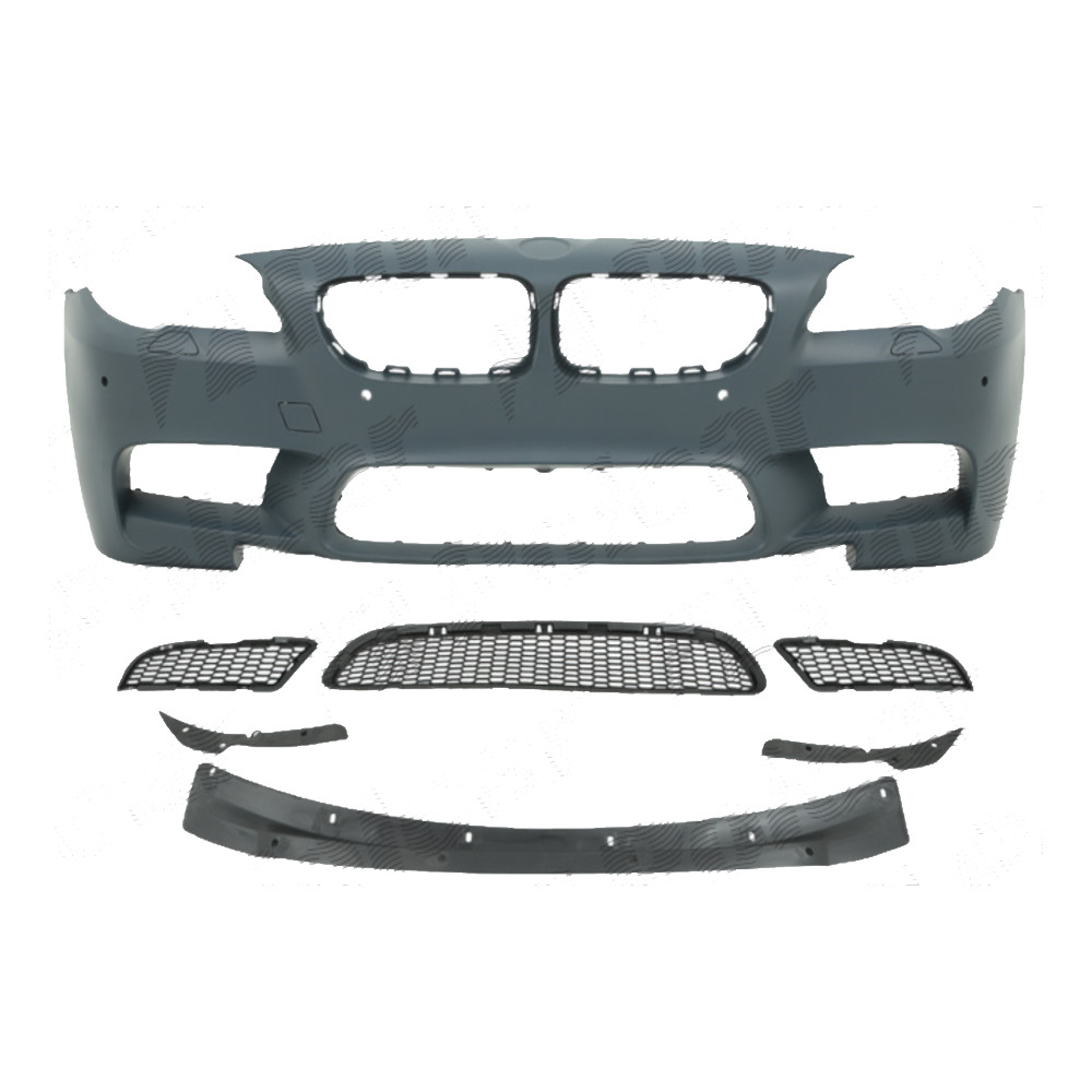 Set bara fata BMW Seria 5 (F10/F11), 2010-2013, cu gauri spalator si senzori parcare; grunduit, de vopsit; type M5; cu grile inferioare, cu spoiler; fara gauri lampa ceata; TUNING,