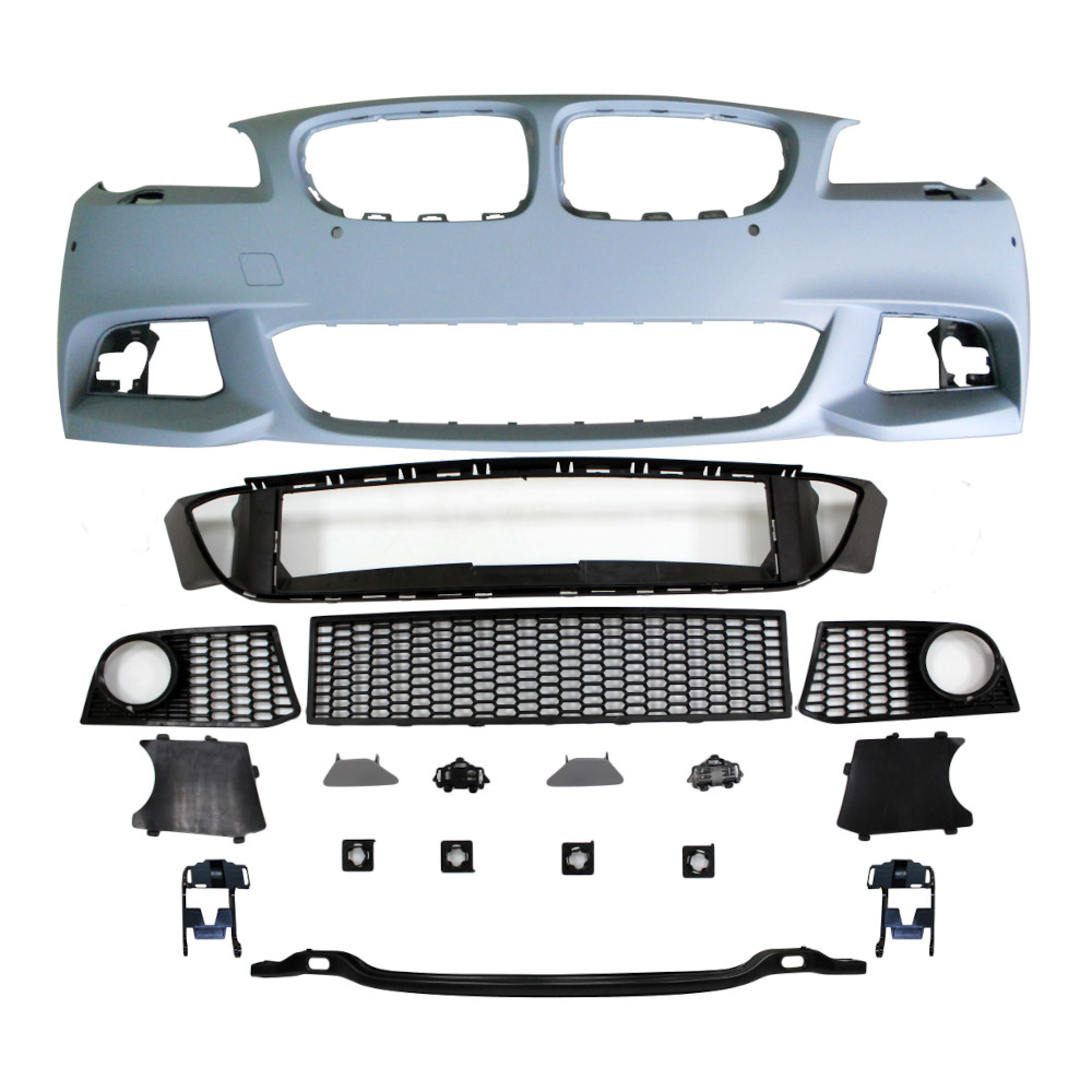Set bara fata BMW Seria 5 (F10/F11), 12.2009-2013, cu gauri spalator si 4 senzori parcare; grunduit, de vopsit; type M-Tech; cu grile inferioare; cu gauri lampa ceata; TUNING,
