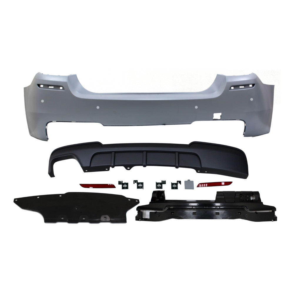Set bara spate BMW Seria 5 (F10), 12.2009-08.2017, cu suport inferior, cu catadioptri, cu gauri senzori parcare; grunduit, de vopsit; type M-Performance; cu absorber, cu spoiler; cu iesiri evacuare dubla; TUNING,