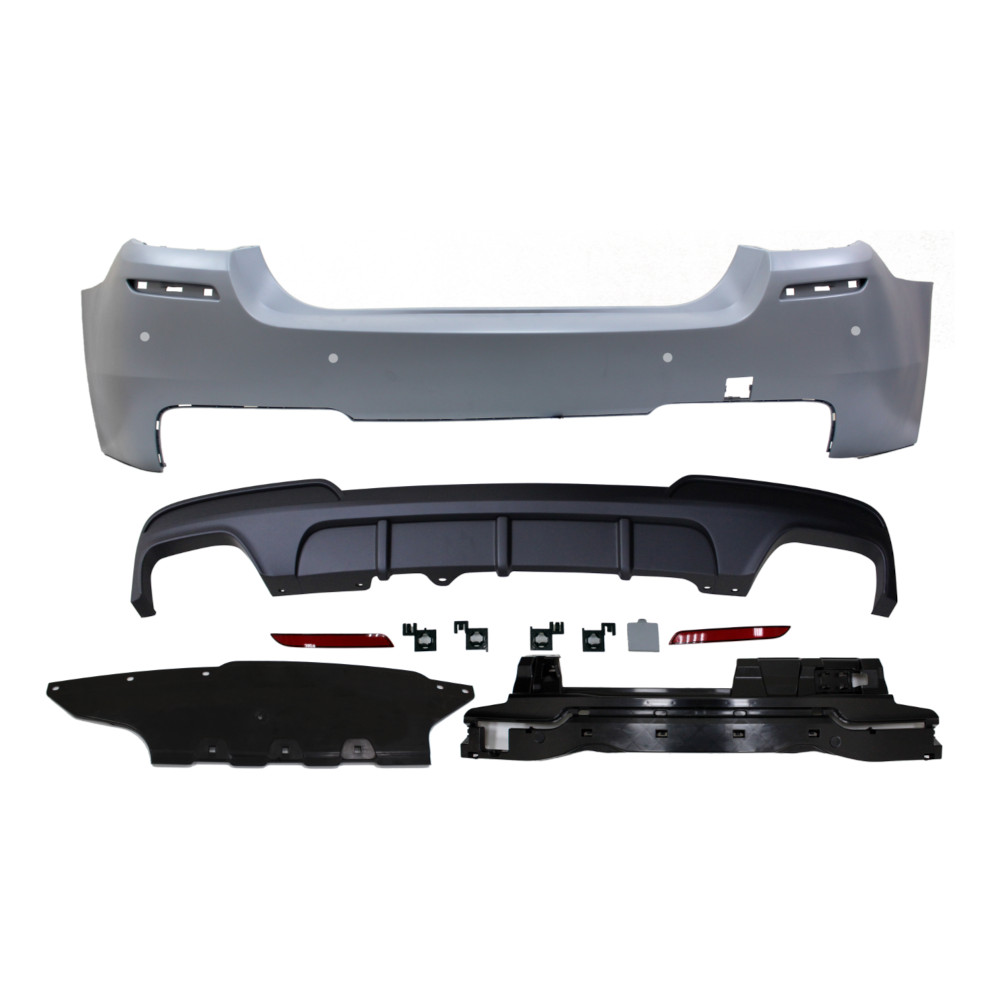 Set bara spate BMW Seria 5 (F10), 12.2009-08.2017, cu suport inferior, cu catadioptri, cu gauri senzori parcare; grunduit, de vopsit; type M-Performance; cu absorber, cu spoiler; cu gauri pentru conducte de evacuare dublu; TUNING,