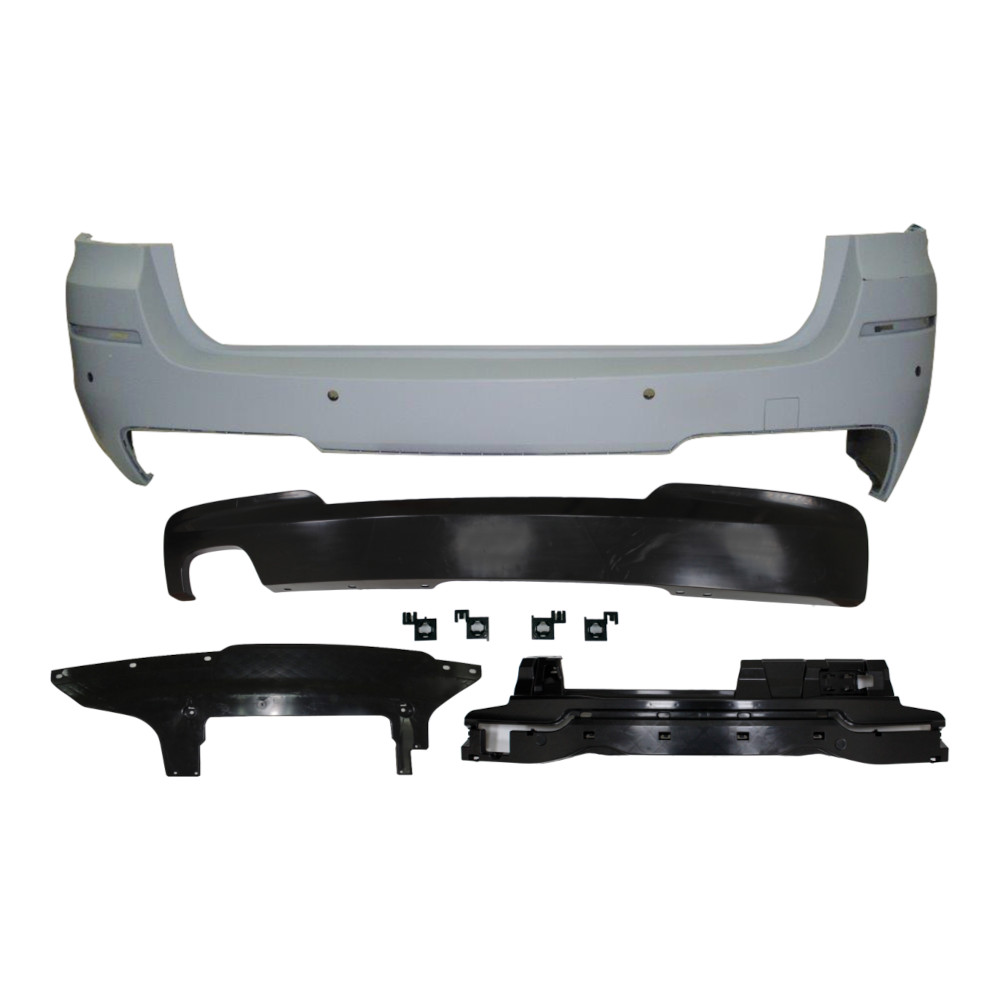 Set bara spate BMW Seria 5 (F11), 12.2009-08.2017, cu suport inferior, cu catadioptri, cu gauri senzori parcare; grunduit, de vopsit; type M-Tech; cu absorber, cu spoiler; cu iesiri evacuare dubla; TUNING,