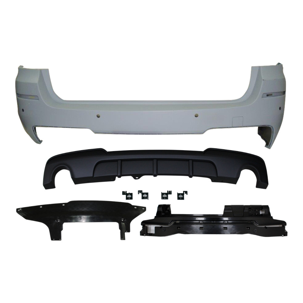 Set bara spate BMW Seria 5 (F11), 12.2009-08.2017, cu suport inferior, cu catadioptri, cu gauri senzori parcare; grunduit, de vopsit; type M-Performance; cu absorber, cu spoiler; cu 2 gauri evacuare; TUNING,