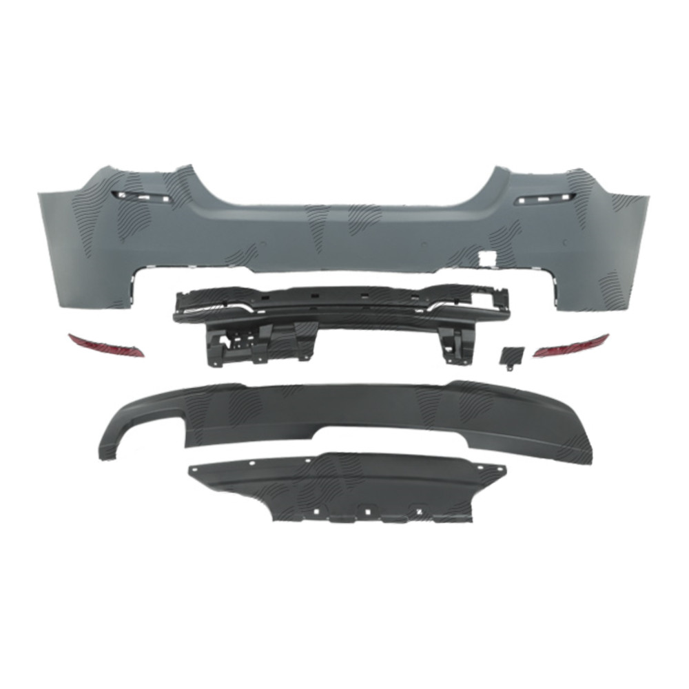 Set bara spate BMW Seria 5 (F10), 12.2009-08.2017, cu suport inferior, cu catadioptri, cu gauri senzori parcare; grunduit, de vopsit; type M-Tech; cu absorber, cu spoiler; cu 2 gauri evacuare; TUNING, Sedan,