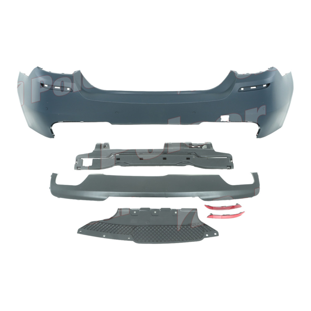 Set bara spate BMW Seria 5 (F10), 12.2009-08.2017, cu suport inferior, cu catadioptri, cu gauri senzori parcare; grunduit, de vopsit; type M-Tech; cu absorber, cu spoiler; cu gauri pentru conducte de evacuare dublu; TUNING,
