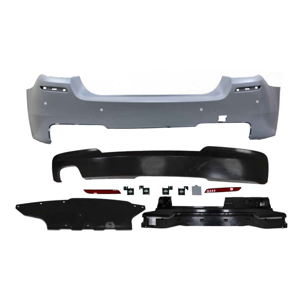 Set bara spate BMW Seria 5 (F10), 12.2009-08.2017, cu suport inferior, cu catadioptri, cu gauri senzori parcare; grunduit, de vopsit; type M-Tech; cu absorber, cu spoiler; cu iesiri evacuare dubla; TUNING,