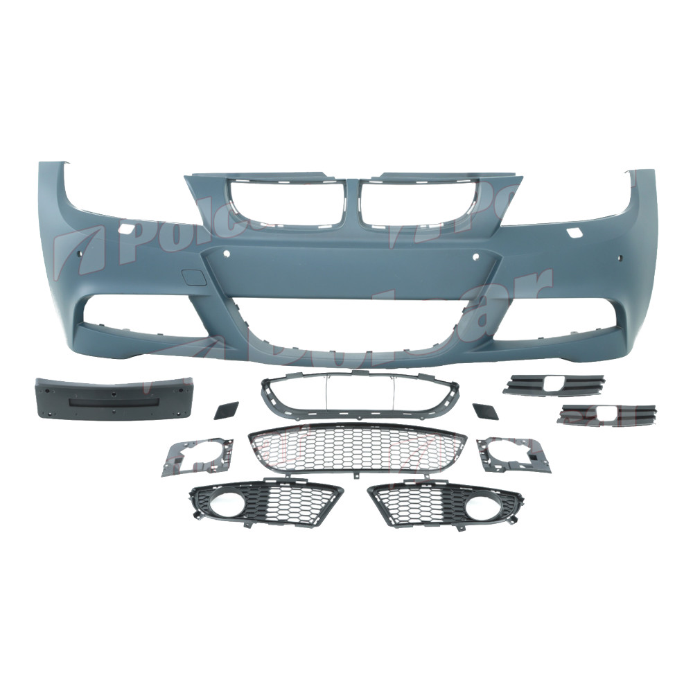 Set bara fata BMW Seria 3 (E90/E91), 11.2004-08.2008, cu gauri spalator si senzori parcare; grunduit, de vopsit; type M-Tech; cu grile inferioare; cu suport numar inmatriculare; cu gauri lampa ceata; TUNING,