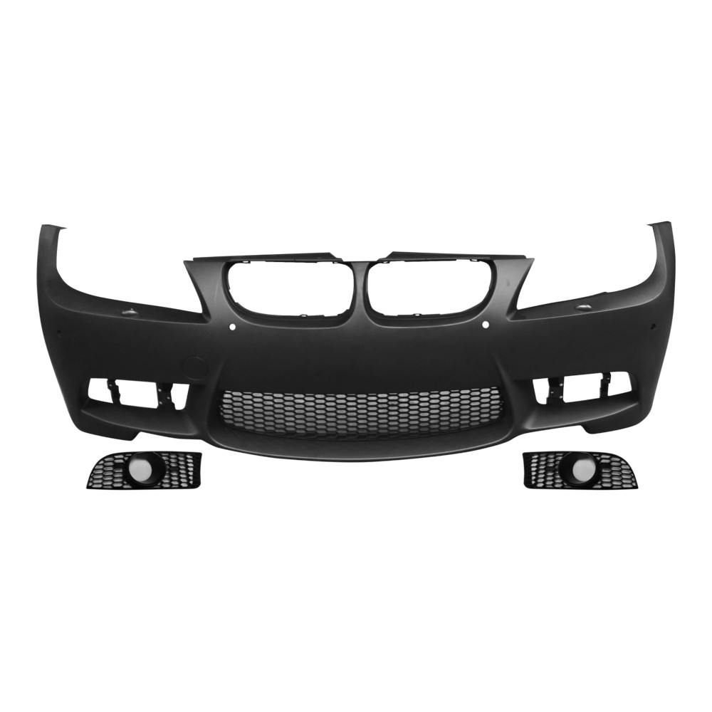 Set bara fata BMW Seria 3 (E90/E91), 08.2008-06.2012, cu 4 gauri senzori parcare; grunduit, de vopsit; type M3; cu grile inferioare; cu headlamp washer nozzles; cu gauri lampa ceata; TUNING,