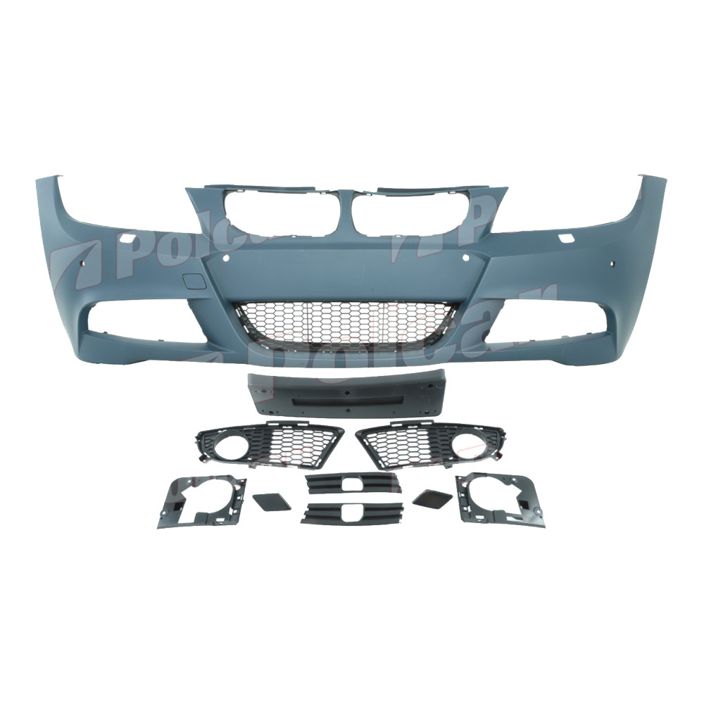 Set bara fata BMW Seria 3 (E90/E91), 08.2008-06.2012, cu gauri spalator si senzori parcare; grunduit, de vopsit; type M-Tech; cu grile inferioare; cu suport numar inmatriculare; cu gauri lampa ceata; TUNING,