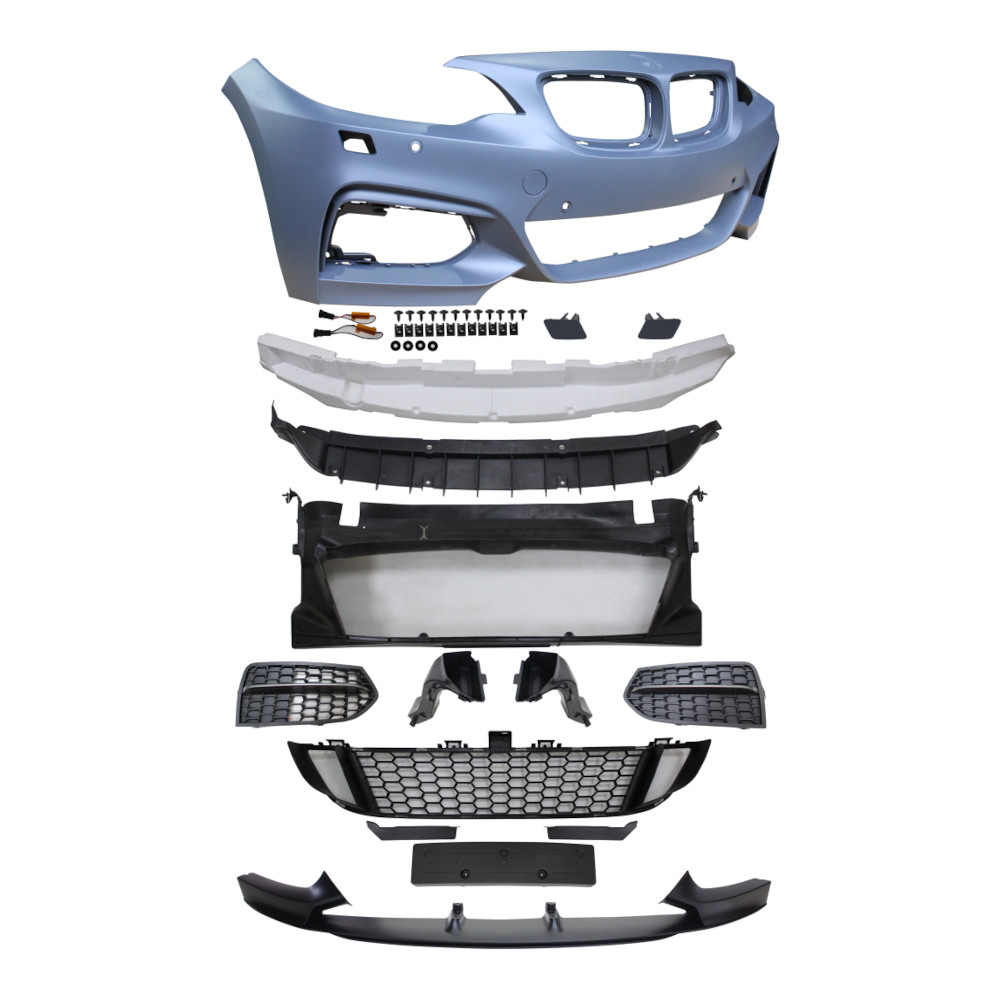 Set bara fata BMW Seria 2 (F22), 03.2014-07.2021, cu 4 gauri spalator si 4 senzori parcare; grunduit, de vopsit; type M235; cu grile inferioare, cu spoiler; cu conducte de aer cu frana, cu suport numar inmatriculare; fara gauri lampa ceata; TUNING,