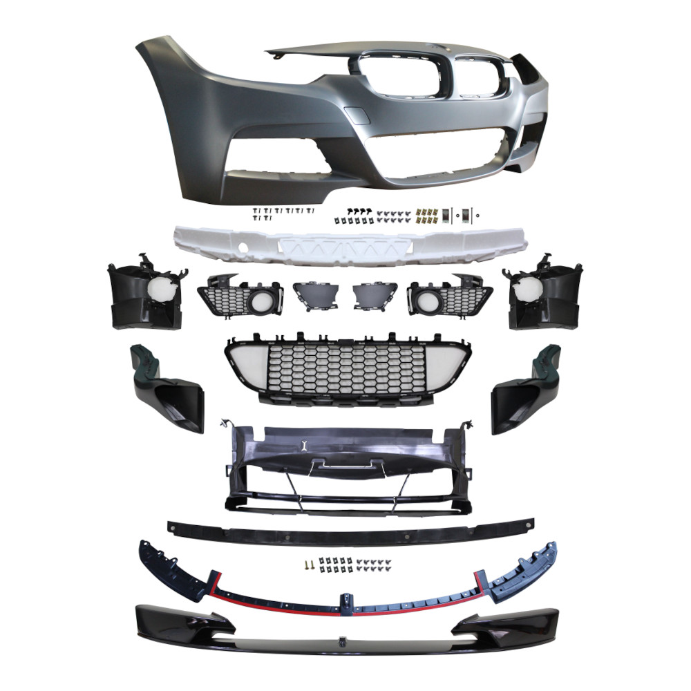 Set bara fata BMW Seria 3 (F30/F31), 01.2012-2015, grunduit, de vopsit; type M-Performance; cu grile inferioare, cu spoiler; cu conducte de aer cu frana; cu gauri lampa ceata; TUNING,