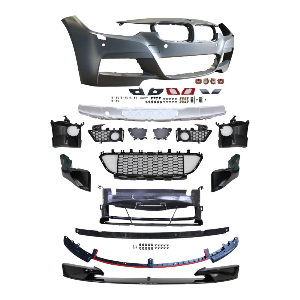 Set bara fata BMW Seria 3 (F30/F31), 01.2012-2015, cu gauri spalator si 4 senzori parcare; grunduit, de vopsit; type M-Performance; cu grile inferioare, cu spoiler; cu conducte de aer cu frana; cu gauri lampa ceata; TUNING,