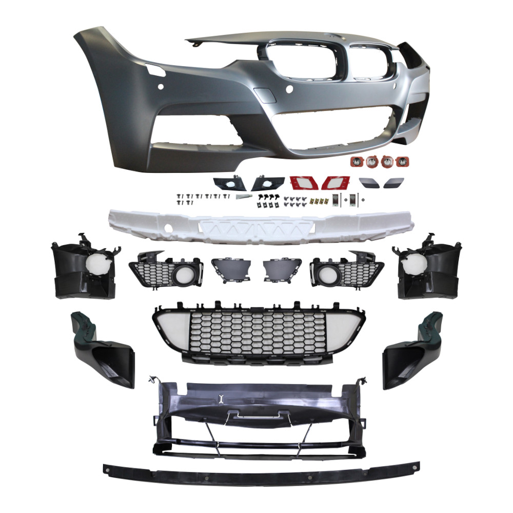 Set bara fata BMW Seria 3 (F30/F31), 01.2012-2015, cu gauri spalator si 4 senzori parcare; grunduit, de vopsit; type M-Tech; cu grile inferioare; cu conducte de aer cu frana; cu gauri lampa ceata; TUNING,