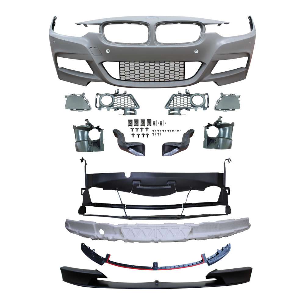 Set bara fata BMW Seria 3 (F30/F31), 2015-12.2019, cu 4 gauri senzori parcare; grunduit, de vopsit; type M-Performance; cu grile inferioare, cu spoiler; cu conducte de aer cu frana; cu gauri lampa ceata; TUNING,