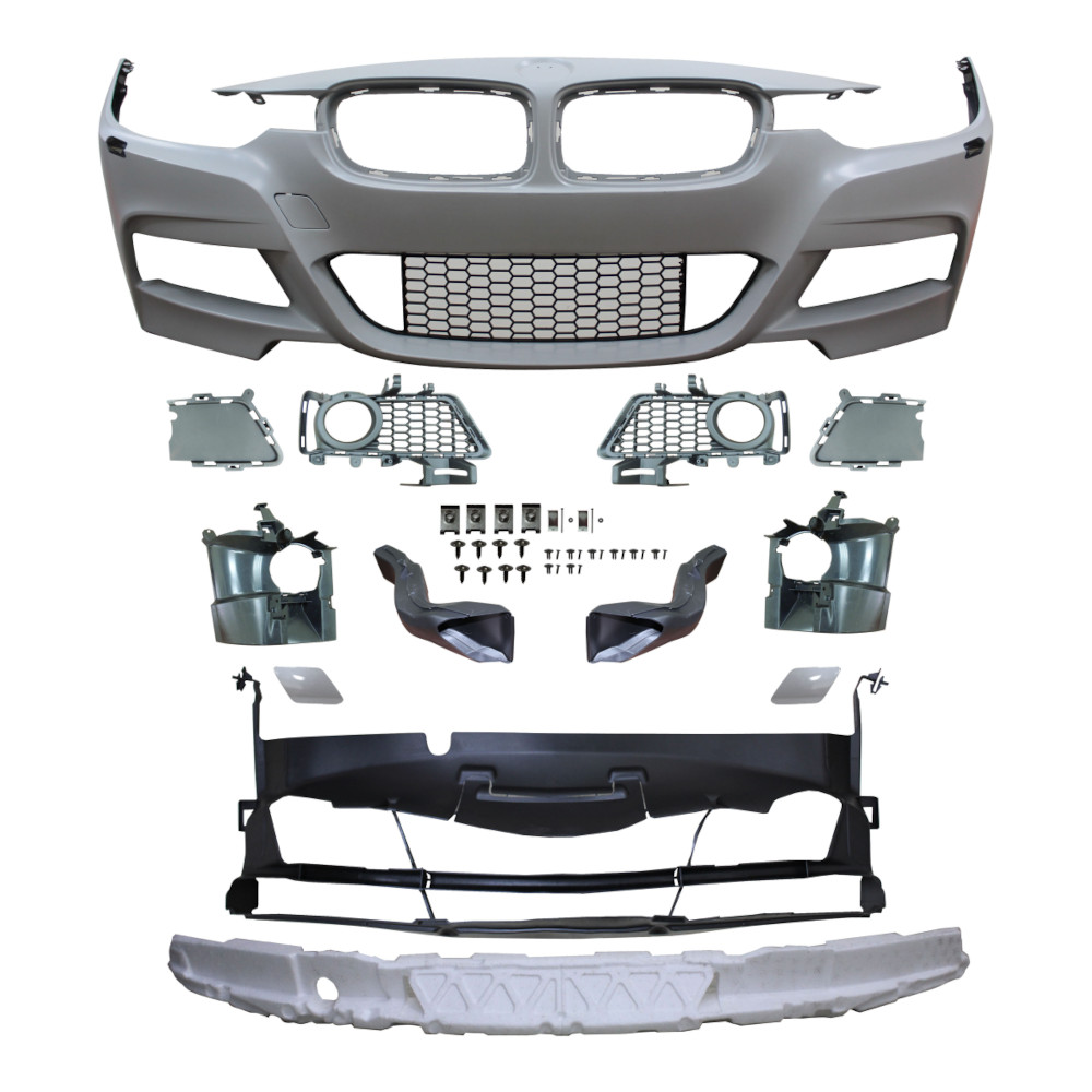 Set bara fata BMW Seria 3 (F30/F31), 2015-12.2019, cu gauri spalator; grunduit, de vopsit; type M-Tech; cu grile inferioare; cu conducte de aer cu frana; cu gauri lampa ceata; TUNING,