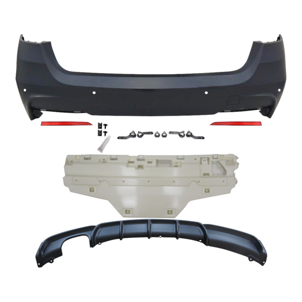 Set bara spate BMW Seria 3 (F31), 01.2012-12.2019, cu catadioptri, cu gauri senzori parcare; grunduit, de vopsit; type M-Performance; cu spoiler; cu iesiri evacuare dubla, cu intaritura; TUNING,