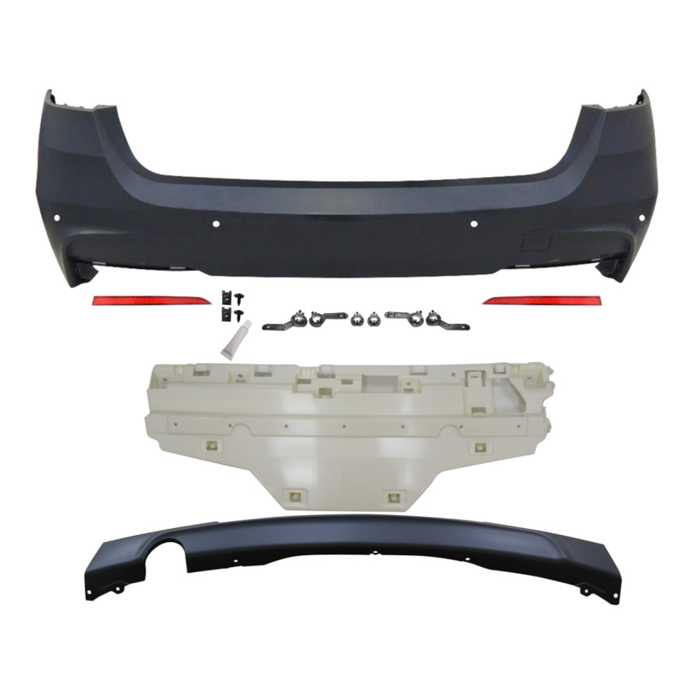 Set bara spate BMW Seria 3 (F31), 01.2012-12.2019, cu catadioptri, cu gauri senzori parcare; grunduit, de vopsit; type M-Tech; cu spoiler; cu gaura evacuare pe stanga, cu intaritura; TUNING,